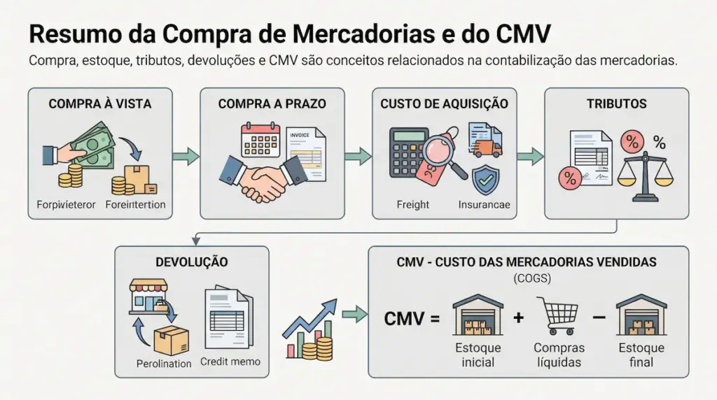 Compra de Mercadorias: Como Contabilizar em 2026 3 Resumo visual sobre contabilização de compras, estoque e CMV.
