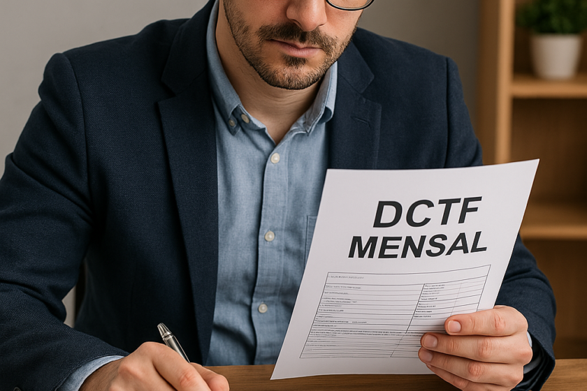 Contador revisando documentos fiscais e calculando tributos para a declaração de DCTF mensal.