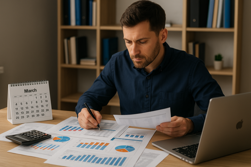 Contador revisando Fechamento Contábil e relatórios financeiros do primeiro trimestre com documentos e calendário marcando o mês de março.
