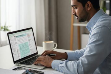 Malha Fina. Contador trabalhando em um escritório moderno, com documentos fiscais do Imposto de Renda 2025 em um laptop, calculadora e papéis na mesa. O ambiente é organizado e profissional.