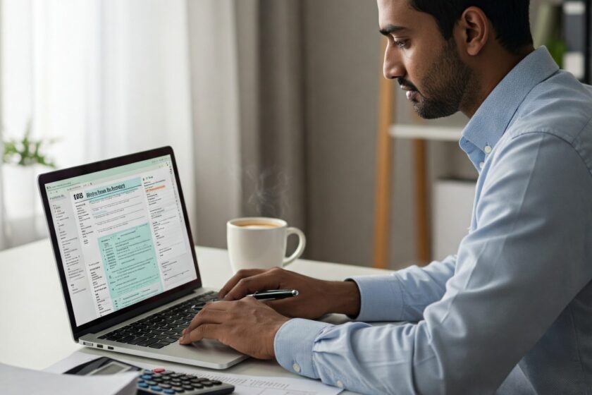 Malha Fina. Contador trabalhando em um escritório moderno, com documentos fiscais do Imposto de Renda 2025 em um laptop, calculadora e papéis na mesa. O ambiente é organizado e profissional.