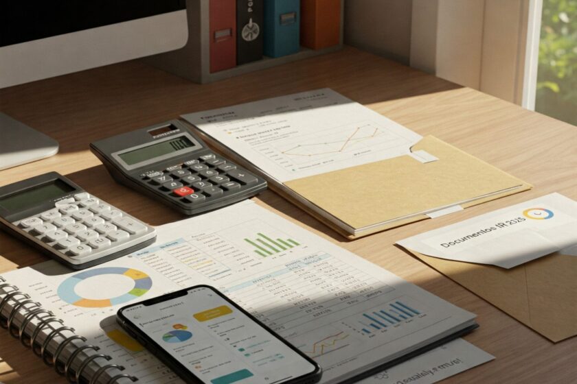 Mesa de escritório organizada com laptop aberto, calculadora, documentos e planilha financeira, prontos para a declaração do Imposto de Renda 2025.