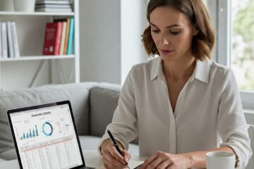 Pessoa adulta revisando seu planejamento financeiro no notebook, em ambiente organizado e tranquilo, representando o conceito de mindset financeiro 2025.
