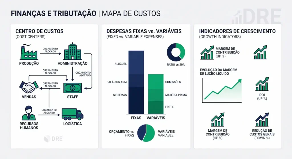 Infográfico demonstrando a separação entre custos fixos, custos variáveis e centro de custos.