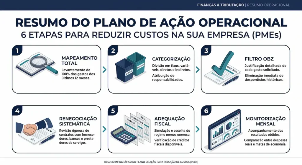Resumo visual em infográfico com o passo a passo para otimização de gastos e Orçamento Base Zero.