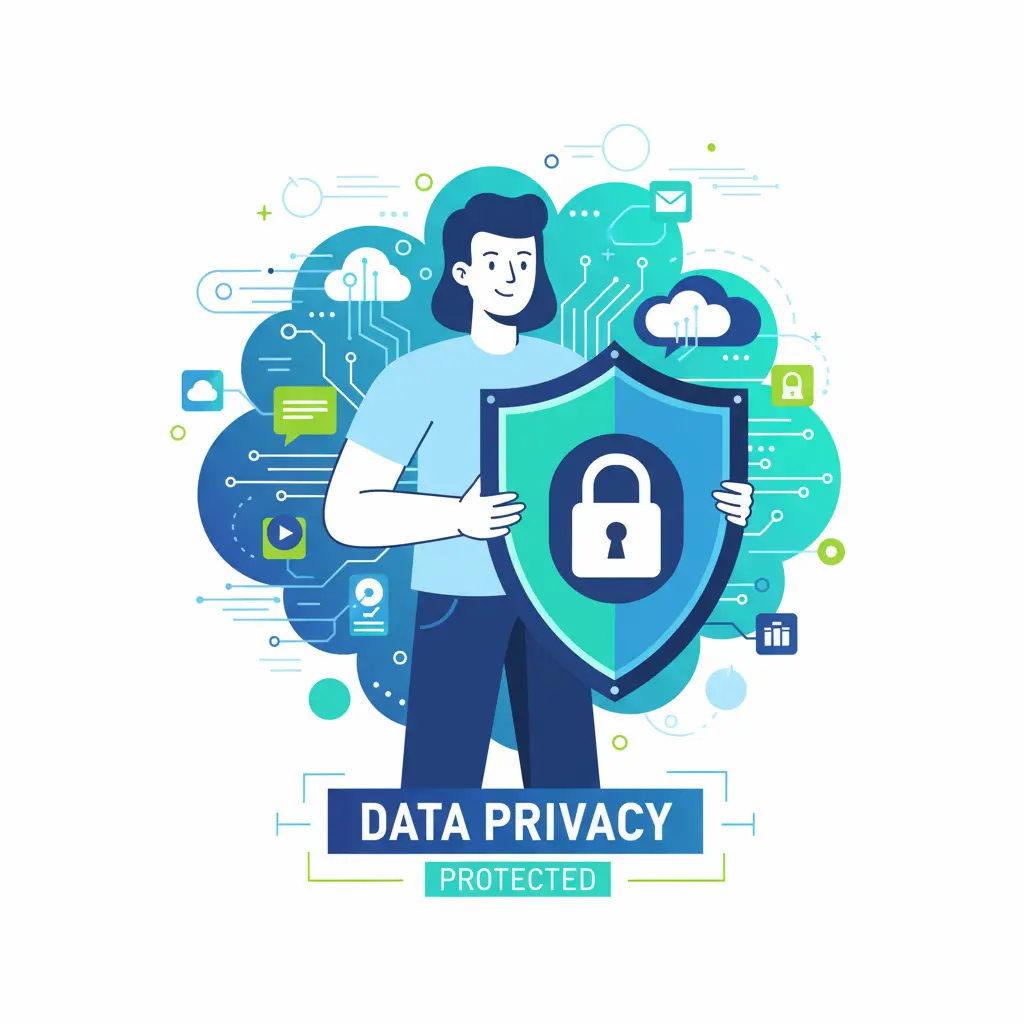 Ilustração mostrando uma pessoa segurando um escudo com um cadeado, representando a proteção e segurança dos dados pessoais e os direitos do titular na LGPD.