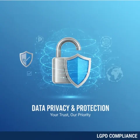 Banner profissional de política de privacidade com cadeado seguro e símbolos de proteção de dados, em fundo degradê azul, mostrando conformidade com a LGPD﻿