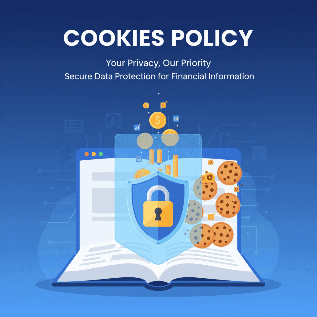 Ilustração profissional mostrando política de cookies com ícones de cadeado, escudo de segurança e dados protegidos para website de contabilidade e finanças