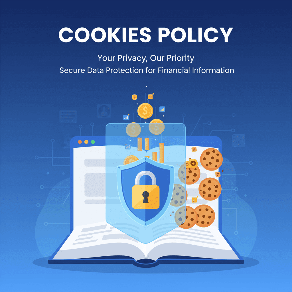 Ilustração profissional mostrando política de cookies com ícones de cadeado, escudo de segurança e dados protegidos para website de contabilidade e finanças