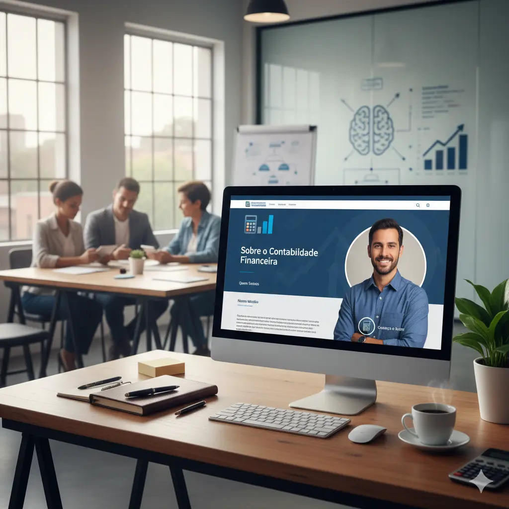 Fábio e equipe do portal Contabilidade Financeira trabalhando em escritório moderno