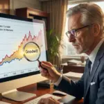 Auditor contábil sênior utilizando uma lupa para analisar o ágio (Goodwill) em um gráfico complexo que compara o valor contábil versus o valor de mercado na tela do computador.