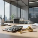 Contador em escritório moderno analisando o valor imaterial do ponto comercial e fundo de comércio.