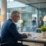 Contador profissional de terno azul analisando painel digital de dados financeiros para garantir o compliance fiscal de uma empresa.