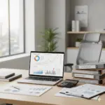 Escritório de contabilidade moderno com notebook exibindo gráficos de créditos tributários e relatórios financeiros sobre recuperação de impostos.