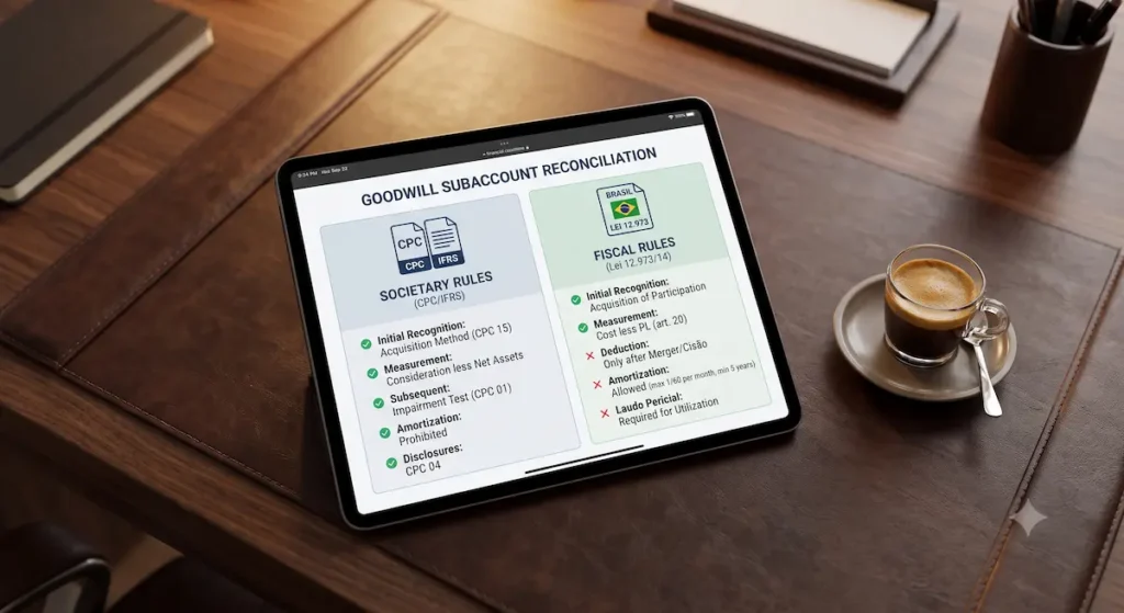 Tablet exibindo painel comparativo entre as regras contábeis societárias e a legislação fiscal do ágio.