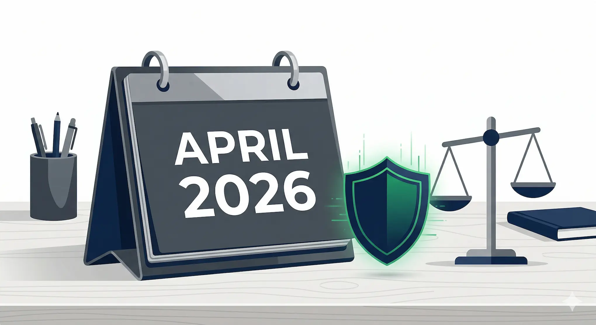 Ilustração corporativa de um calendário destacando a agenda tributária de abril de 2026 ao lado de um escudo de proteção fiscal e balança contábil.