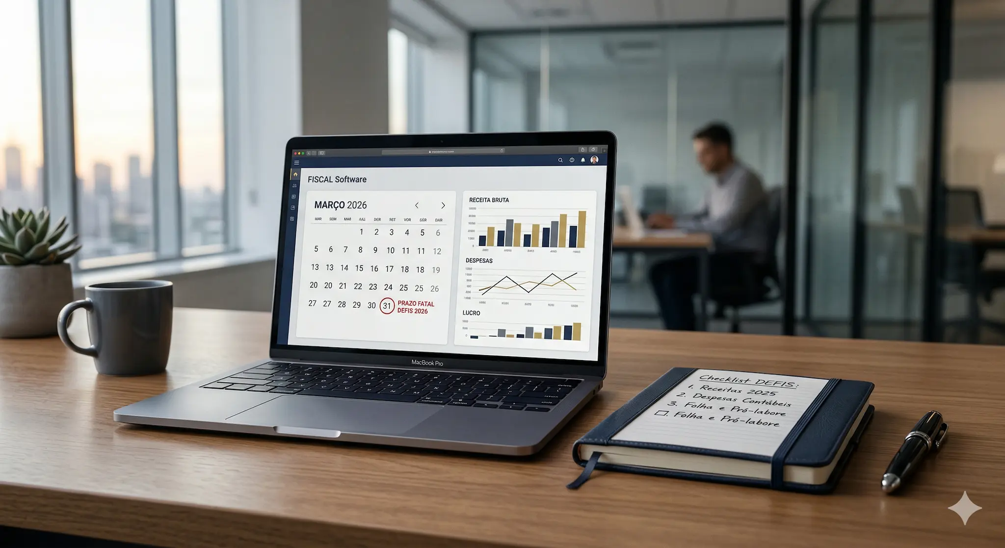 Laptop em mesa de escritório moderna exibindo calendário fiscal e dados da DEFIS 2026 para microempresas.