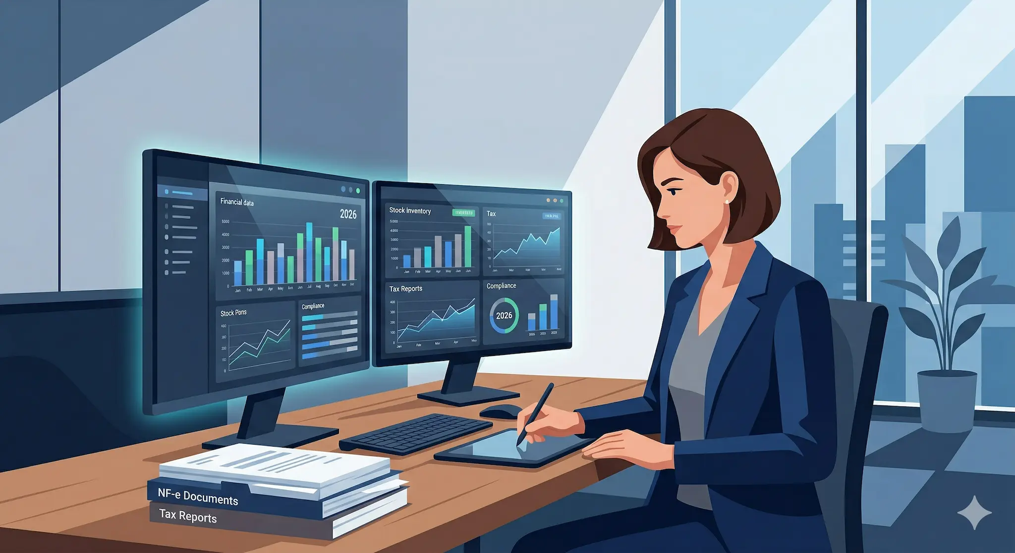 Contador analisando notas fiscais e gráficos tributários em monitores duplos para contabilizar compras de mercadorias em 2026.