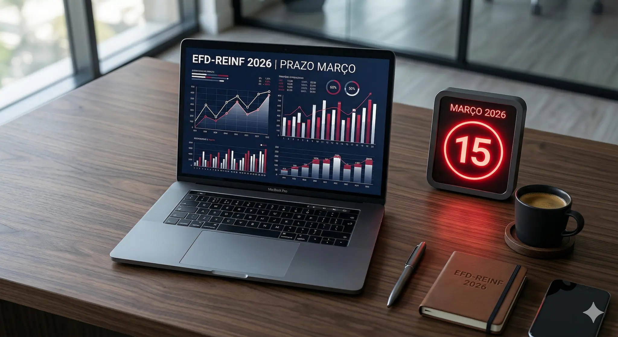 Calendário digital destacando prazo fiscal vencido ao lado de um notebook corporativo demonstrando o atraso da EFD-Reinf 2026.