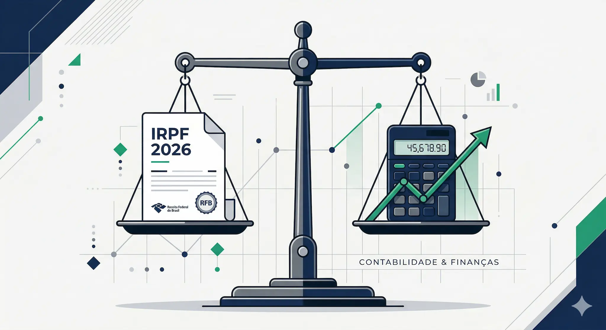 Ilustração corporativa minimalista mostrando uma balança que equilibra documentos do IRPF 2026 e uma calculadora, representando a contabilidade básica.