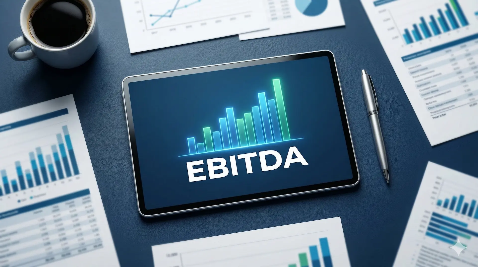 Tablet exibindo gráfico de barras sobre a DRE, ilustrando o cálculo do EBITDA e LAJIDA na análise financeira corporativa.