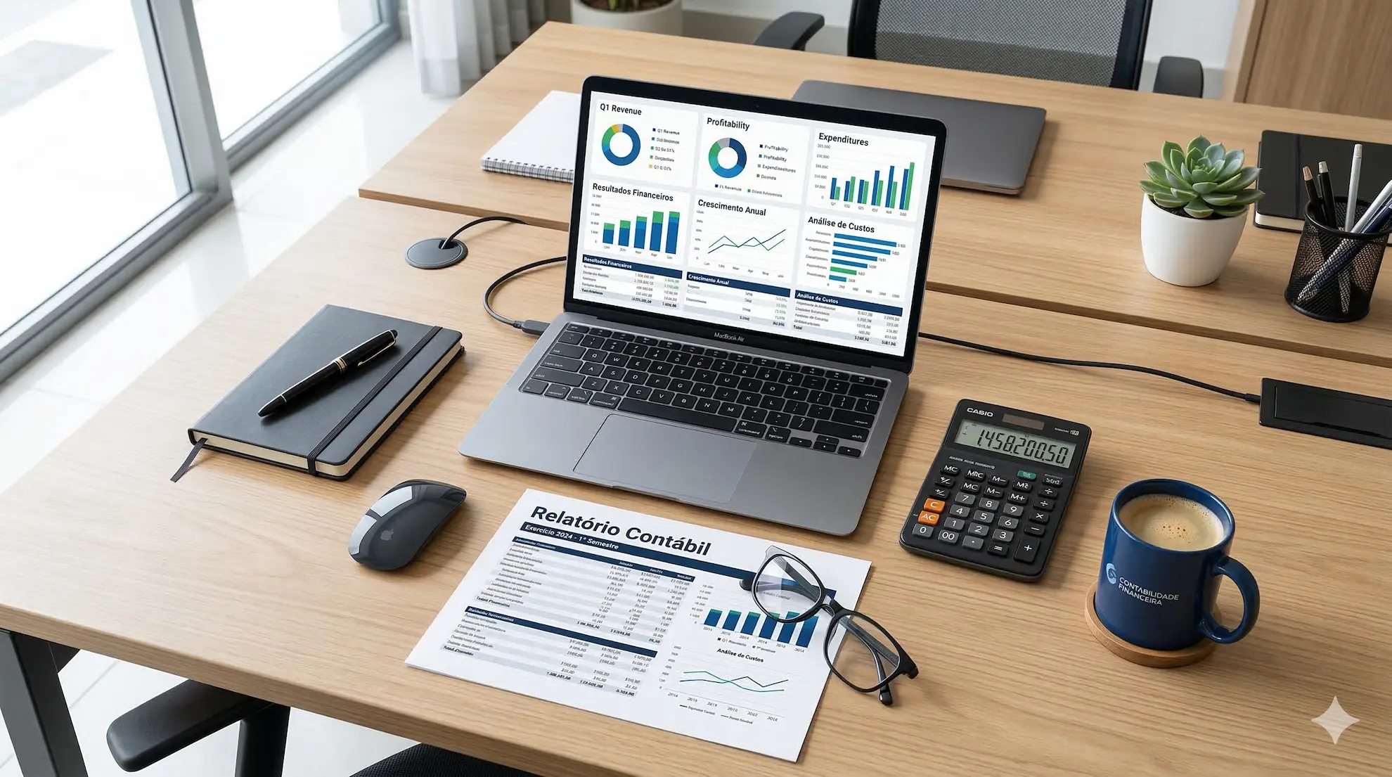 Calculadora, gráficos financeiros e documentos contábeis sobre uma mesa de escritório, representando o planejamento de pró-labore e distribuição de lucros.