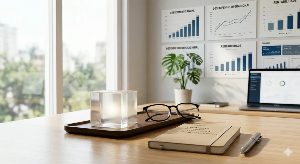 Uma foto fotorrealista de uma mesa de escritório de madeira moderna e bem organizada, projetada para contabilidade e análise de dados. No primeiro plano, há um cubo de vidro brilhante em uma bandeja de madeira, óculos de grau, um caderno fechado e uma caneta. No fundo, a parede exibe quatro grandes gráficos impressos rotulados em português como "Crescimento Anual", "Desempenho Operacional" (duas vezes) e "Rentabilidade" (duas vezes). Um laptop aberto também está visível na mesa, mostrando painéis financeiros. A cena é bem iluminada e foca no ambiente de trabalho e na visualização de dados.