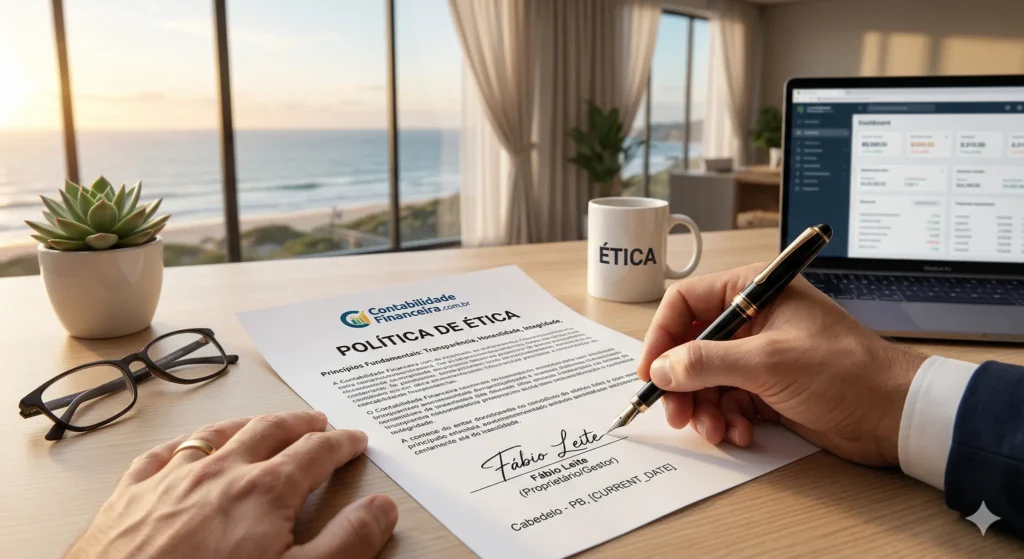 Foto em close de uma mão profissional assinando um documento com o título "POLÍTICA DE ÉTICA" em uma mesa de escritório com vista para o mar ao pôr do sol.