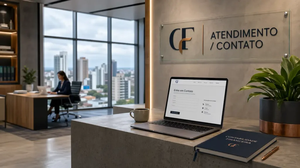 Capa da página de contato do portal Contabilidade Financeira, mostrando um escritório corporativo moderno e minimalista em Cabedelo, Paraíba, com uma recepcionista e um formulário de atendimento.