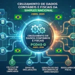 Infográfico ilustrando o ecossistema de cruzamento de dados contábeis e fiscais para o Simples Nacional e PGDAS-D de abril de 2026, conectando fontes de dados fiscais (notas, livros) e contábeis (balanço, DRE) ao cálculo de tributos e regularidade fiscal.