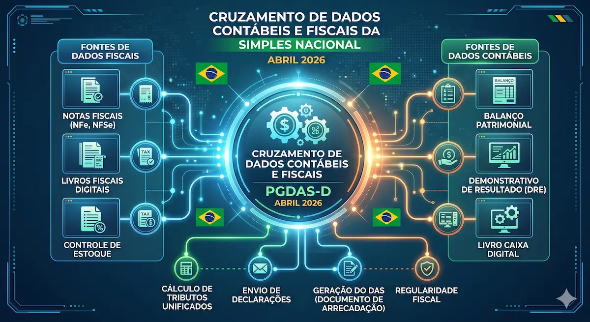 Infográfico ilustrando o ecossistema de cruzamento de dados contábeis e fiscais para o Simples Nacional e PGDAS-D de abril de 2026, conectando fontes de dados fiscais (notas, livros) e contábeis (balanço, DRE) ao cálculo de tributos e regularidade fiscal.