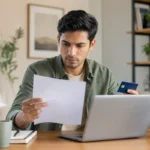 Pessoa analisando documento e segurando cartão de benefícios em frente ao notebook.