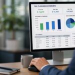 Dashboard de fluxo de caixa para tributos exibido em uma planilha do Excel em um notebook.