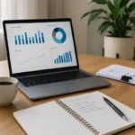 Mesa de trabalho organizada com notebook exibindo gráficos financeiros, representando o processo de revisão tributária e finanças pessoais.