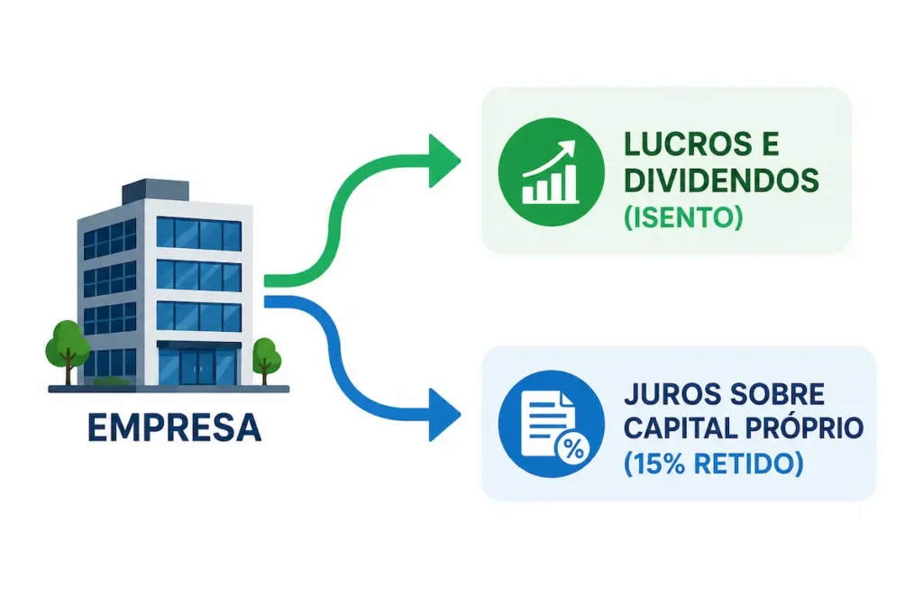 Infográfico demonstrando a separação tributária entre Lucros Isentos e Juros sobre Capital Próprio ao Declarar Dividendos.