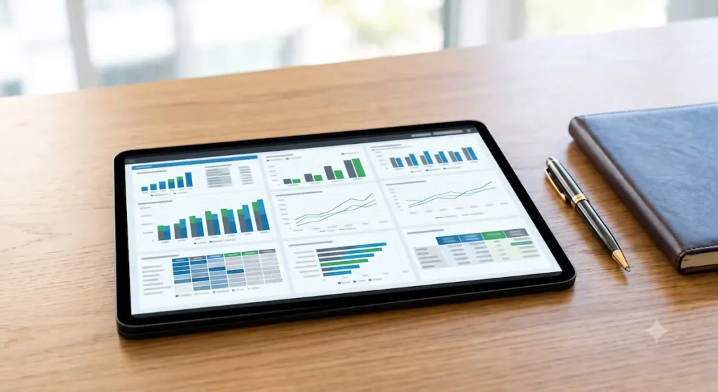 Tablet exibindo gráficos de desempenho financeiro e cruzamento de dados sobre mesa de escritório para Corrigir Erros na DCTFWeb