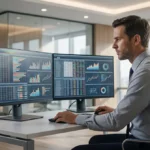 Analista financeiro revisando relatórios corporativos em telas de computador dentro de um escritório moderno para Corrigir Erros na DCTFWeb