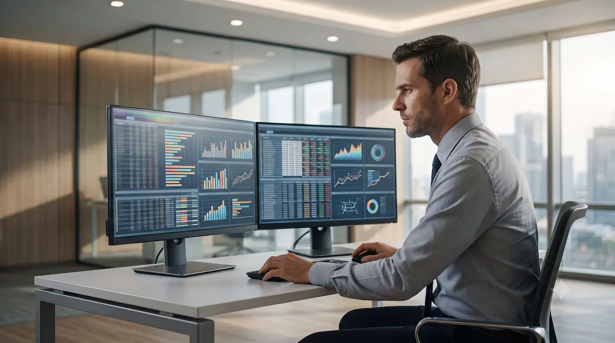 Analista financeiro revisando relatórios corporativos em telas de computador dentro de um escritório moderno para Corrigir Erros na DCTFWeb