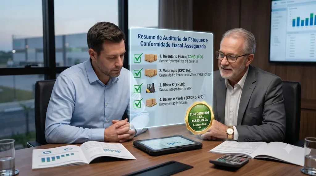 Mesa de trabalho de um analista conferindo relatórios para a auditoria de estoques e riscos fiscais.