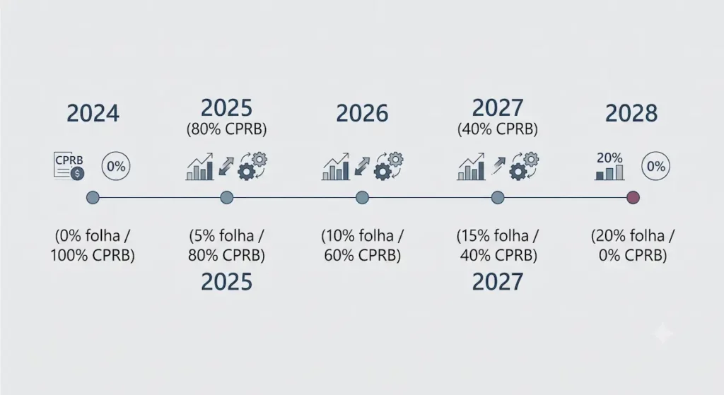 Desoneração da Folha de Pagamento 2026. Infográfico de linha do tempo mostrando o escalonamento anual de alíquotas da reoneração progressiva da folha de salários de 2024 a 2028.