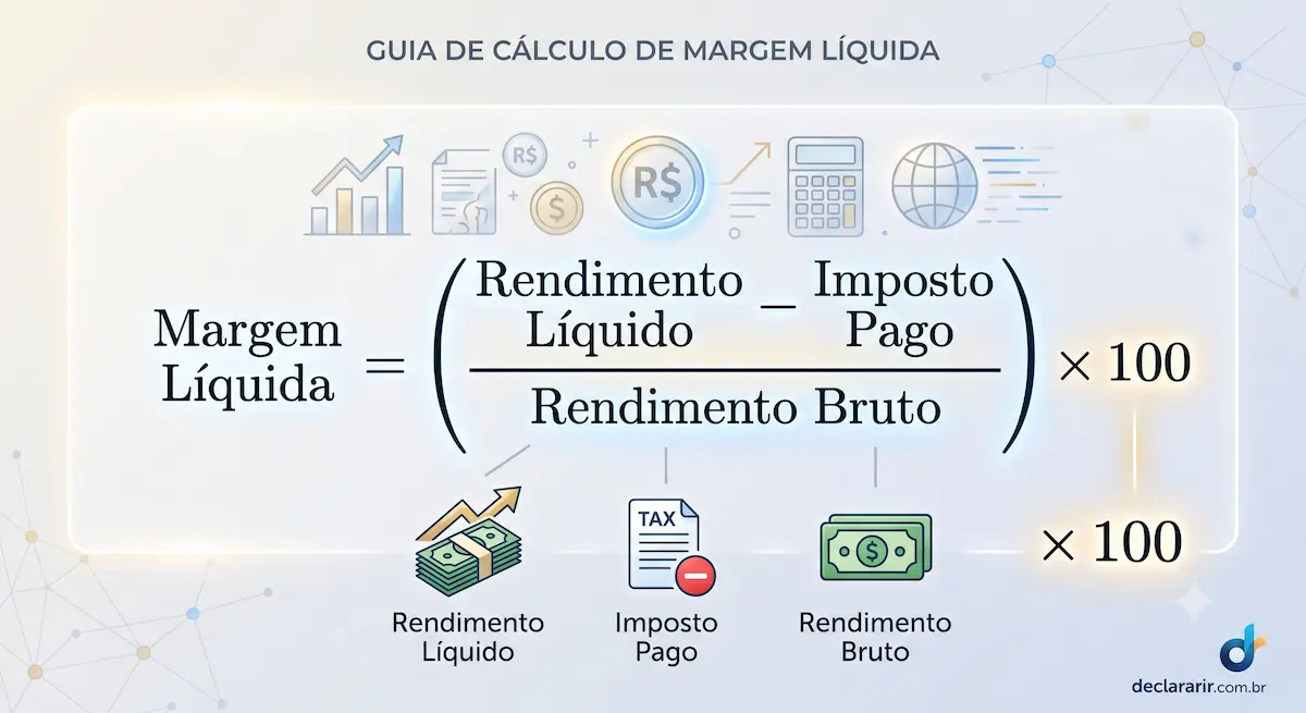dashboard contabil kpis: Infográfico explicativo com a fórmula da Margem Líquida para profissionais autônomos. A equação mostra: Margem Líquida é igual a Rendimento Líquido menos Imposto Pago, dividido pelo Rendimento Bruto e multiplicado por 100. Inclui ícones financeiros e a marca declararir.com.br.