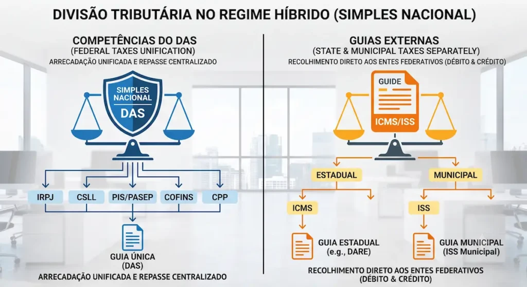 Infográfico explicativo mostrando a divisão híbrida entre impostos federais e subnacionais.