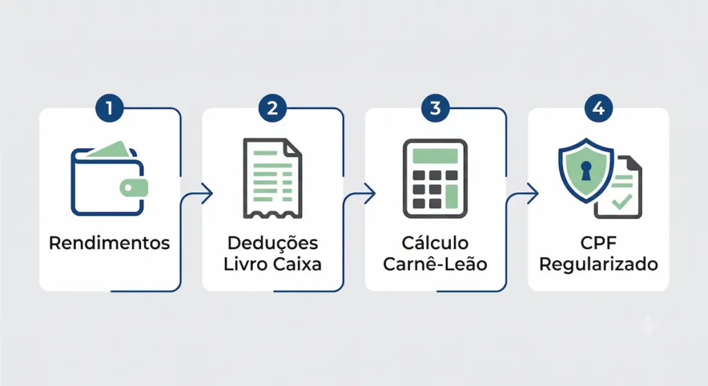 dashboard contabil kpis: Infográfico em design plano mostrando o fluxo contábil do autônomo, desde o recebimento de rendimentos até a regularização do CPF.