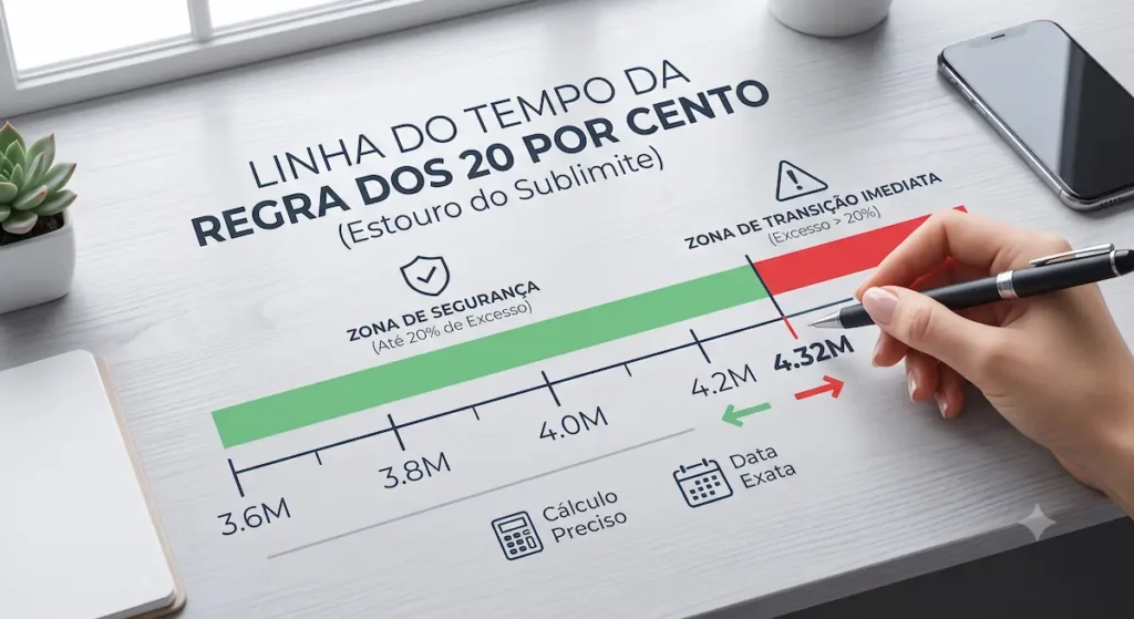 Diagrama explicativo da linha do tempo e margens da regra dos 20 por cento do faturamento.