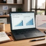 Desktop profissional com laptop exibindo gráficos financeiros corporativos organizados.