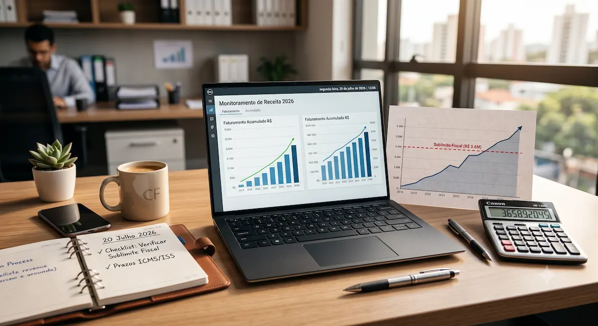 Desktop profissional com laptop exibindo gráficos financeiros corporativos organizados.