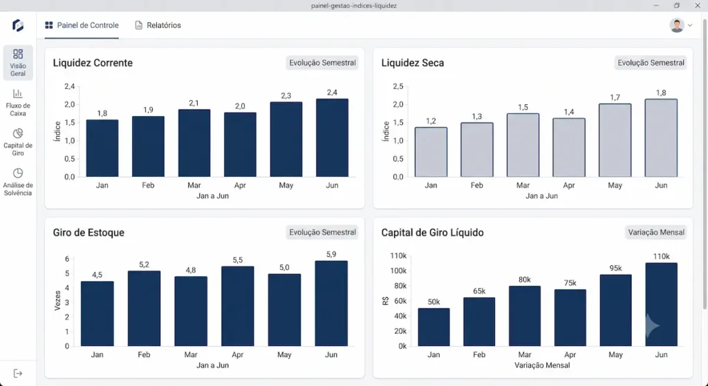 Interface de painel financeiro digital exibindo gráficos de barras organizados para monitoramento de índices patrimoniais corporativos.