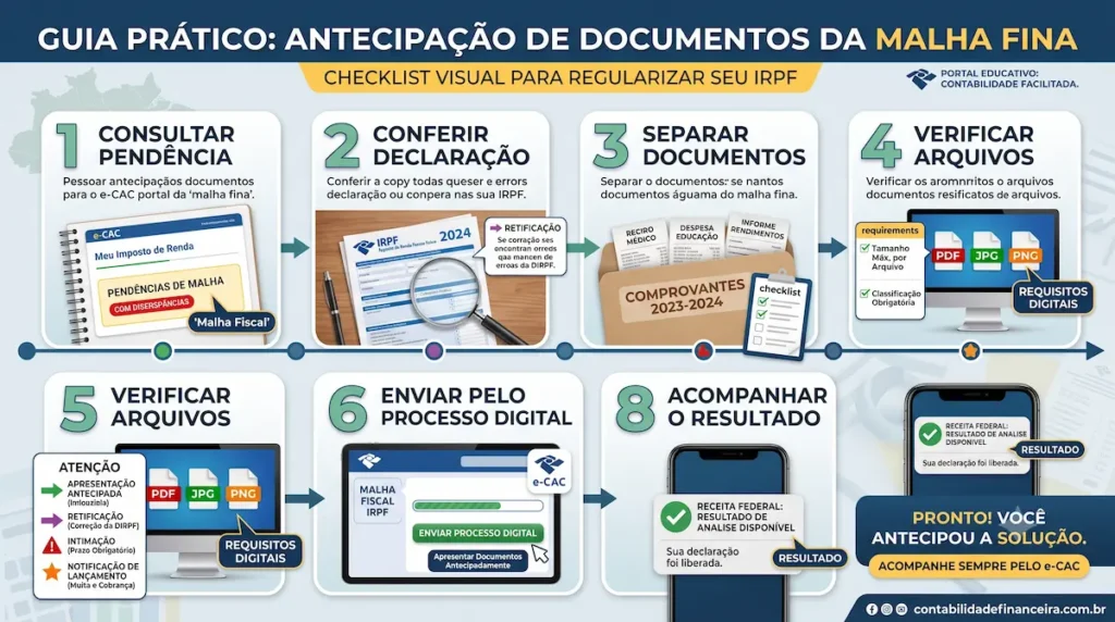 Resumo infográfico dos cuidados para antecipar documentos da malha fina.