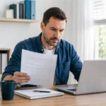 Homem conferindo o informe de rendimentos no notebook para declarar CDB no Imposto de Renda.