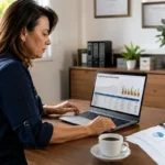 Empresária analisando fluxo de caixa projetado em laptop no escritório